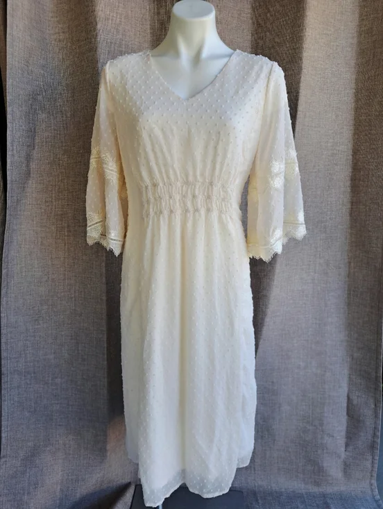 Polagram Ivory Swiss Dot Modest Midi Dress Lace Sleeves V-Neck Size L - Picture 1 of 16